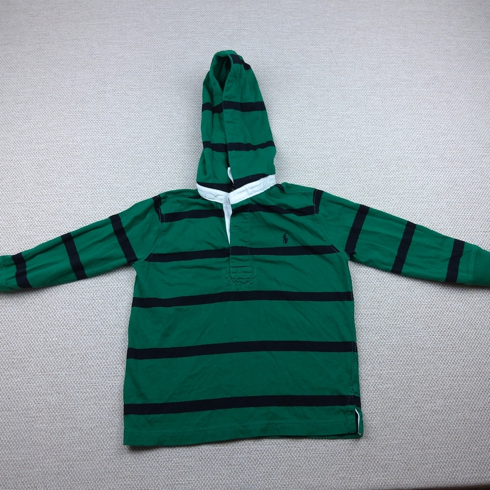 Polo Ralph Lauren, Hoodie L/S Collared Rugby Shirt ,Green W/ Black Stripes, Sz 4